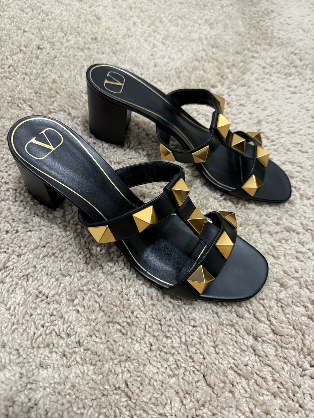 Valentino Garavani Black Leather Block Heel Sandals with Gold Studs